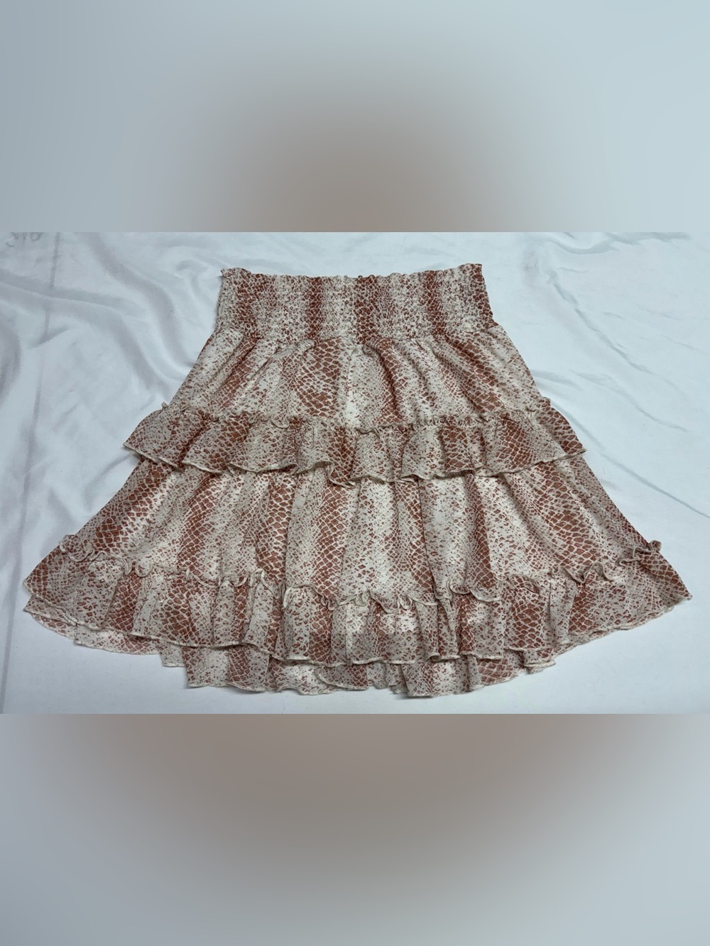 Mustard Seed Tiered Ruffle A-Line Skirt in Cream and Brown Snake Print